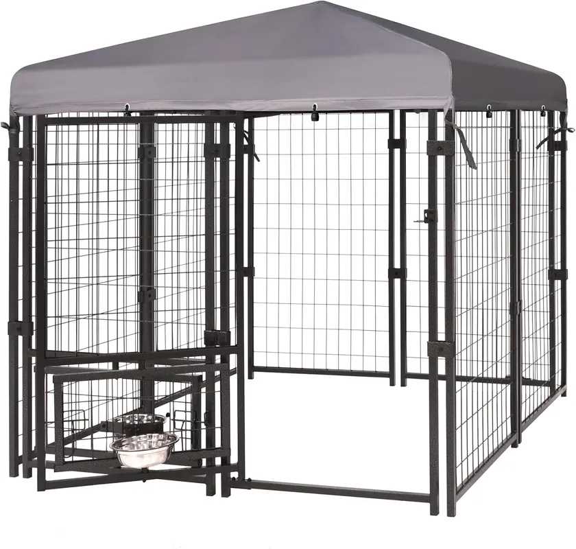 MUPATER Dog Kennel Outdoor Indoor with Roof and Rotating Feeding Doors