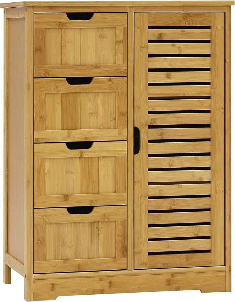 MUPATER Small Storage Cabinet Bamboo with 4 Drawers and 1 Cupboard
